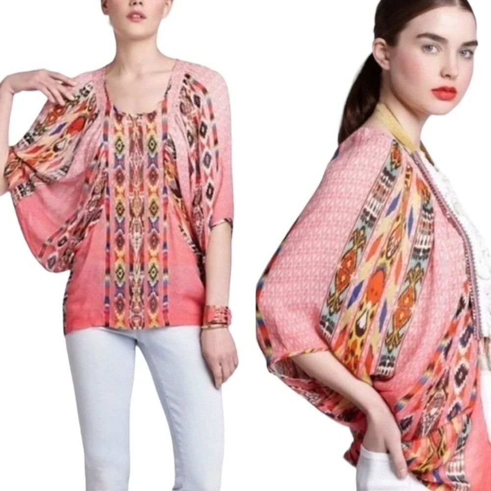 Tanvi Kedia Blouse Womens Small Pink Geometric Sequin Kimono Sleeve Top Boho